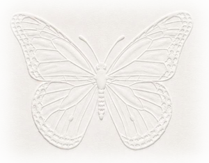 An embossed butterfly, the emblem of the invitation.
