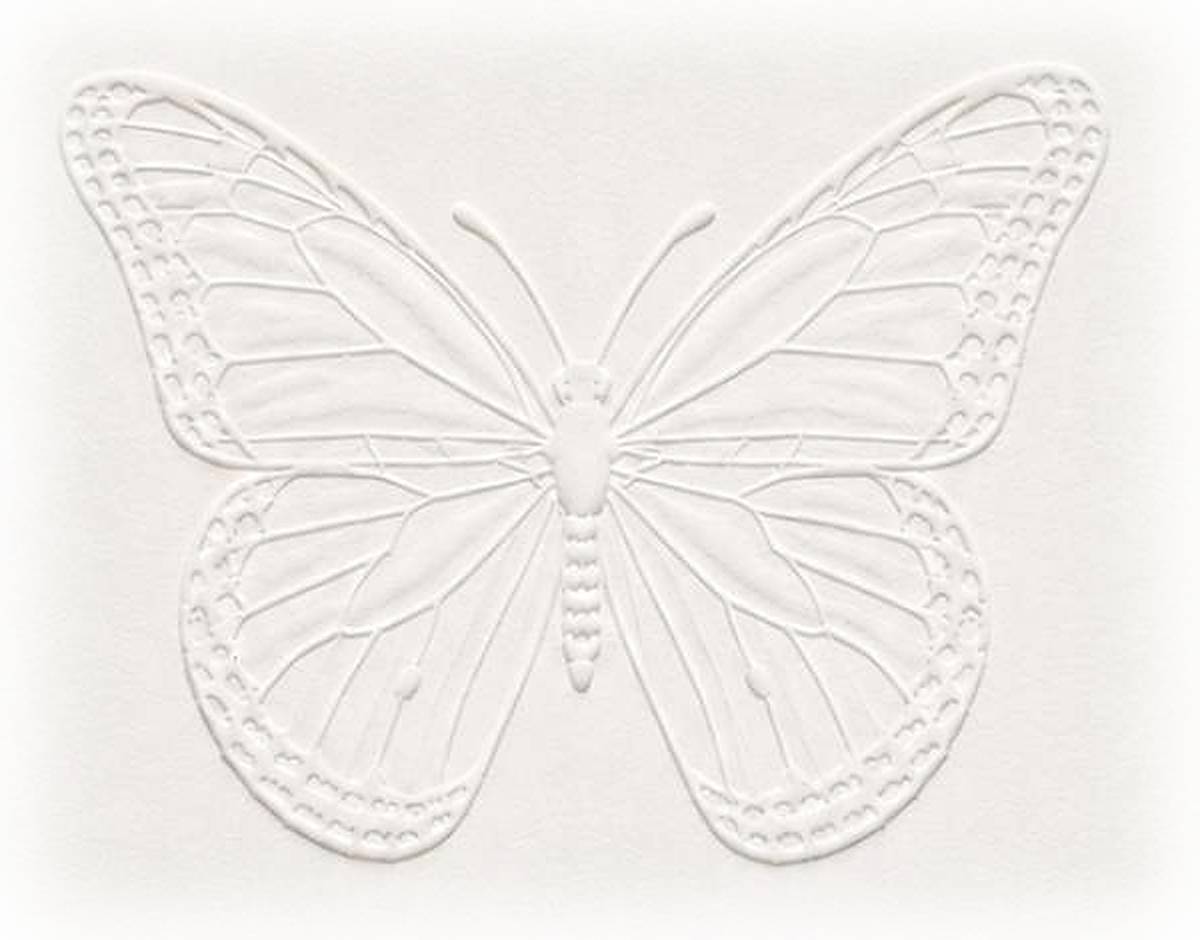 An embossed butterfly, blind debossed into cream letterpress stock.