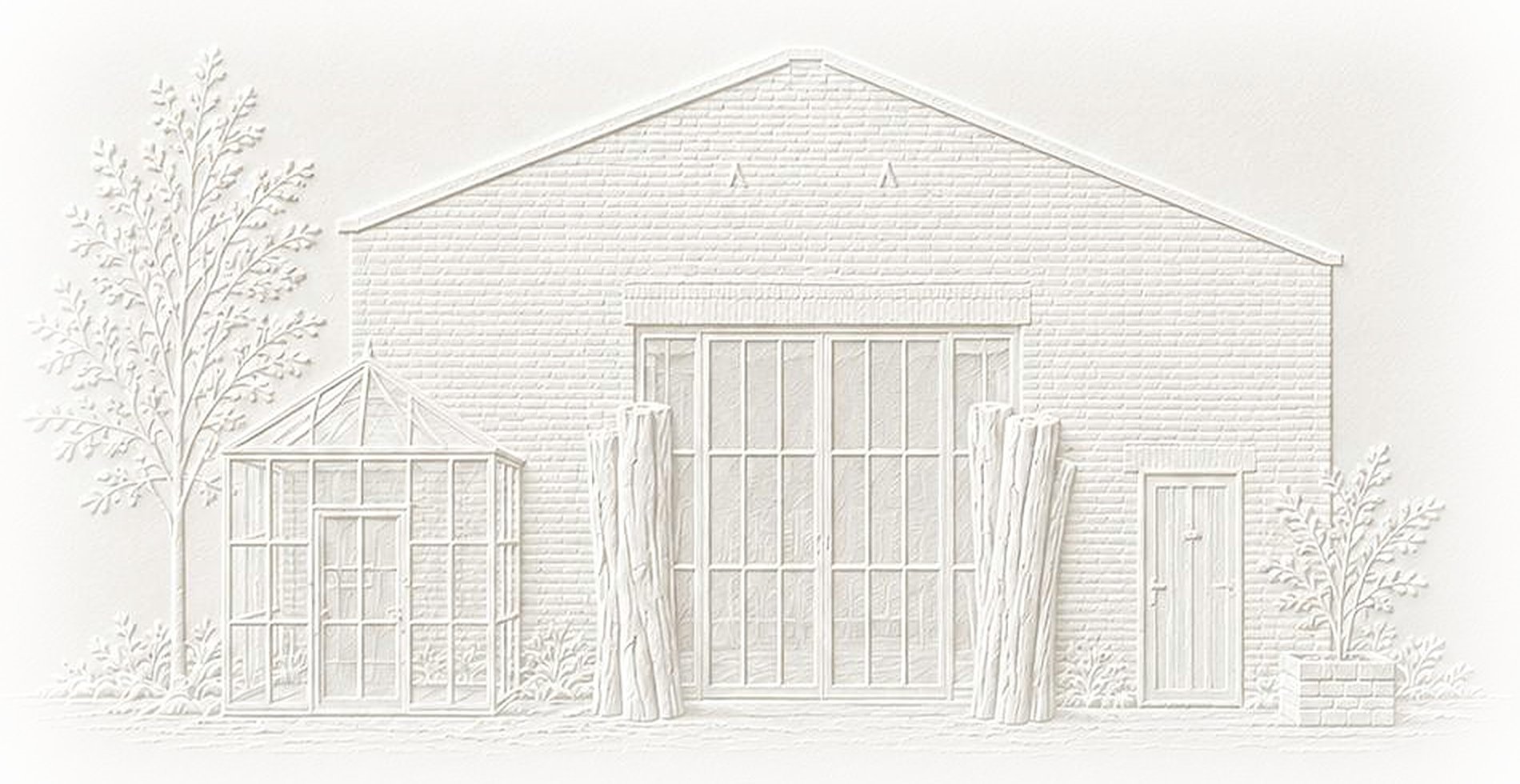An embossed line drawing of House of Woodstock: a brick gabled hall with tall multi-pane windows, a greenhouse annexe to the left and birch trunks flanking the entrance.